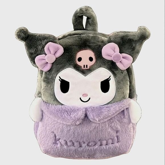 Hello Kitty Backpack Kuromi Embroidered Plush Furry Black 15" Book Bag Sanrio - Picture 1 of 4
